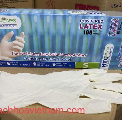 Găng tay y tế CÓ BỘT Latex HTC Gloves màu trắng 1 hộp 100 chiếc (50 đôi)