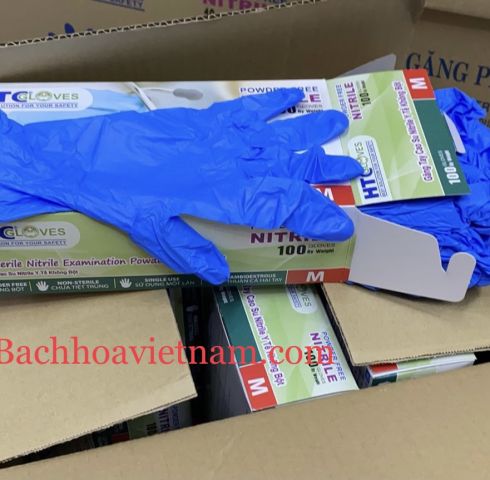 Găng tay y tế KHÔNG BỘT Nitrile màu xanh HTC Golves 1 hộp 100 chiếc (50 đôi)